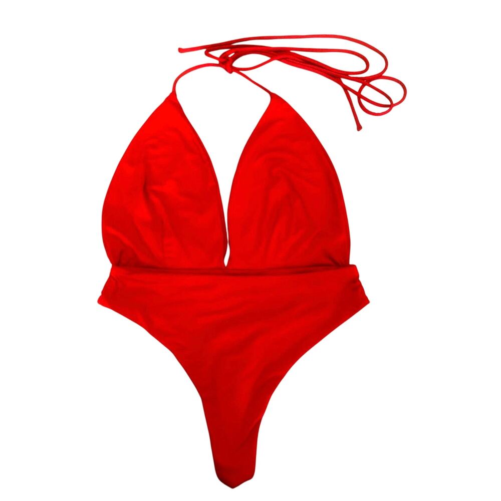 Babyboo red deep plunge sexy bodysuit halter tie size small